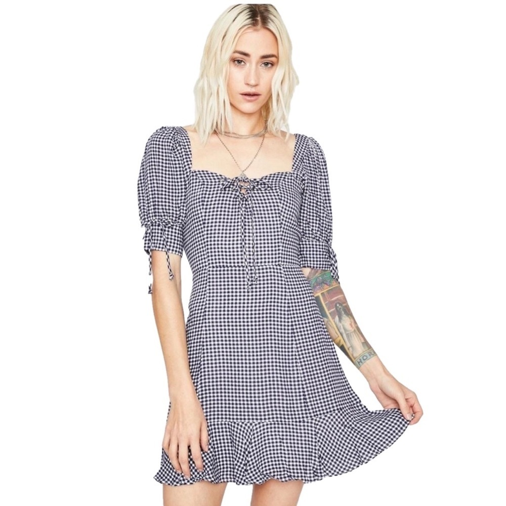 NEW Dress Forum Puff Sleeve Blue Gingham Mini Ruffle Hem Dress Lg Viscose Lined - Picture 3 of 16